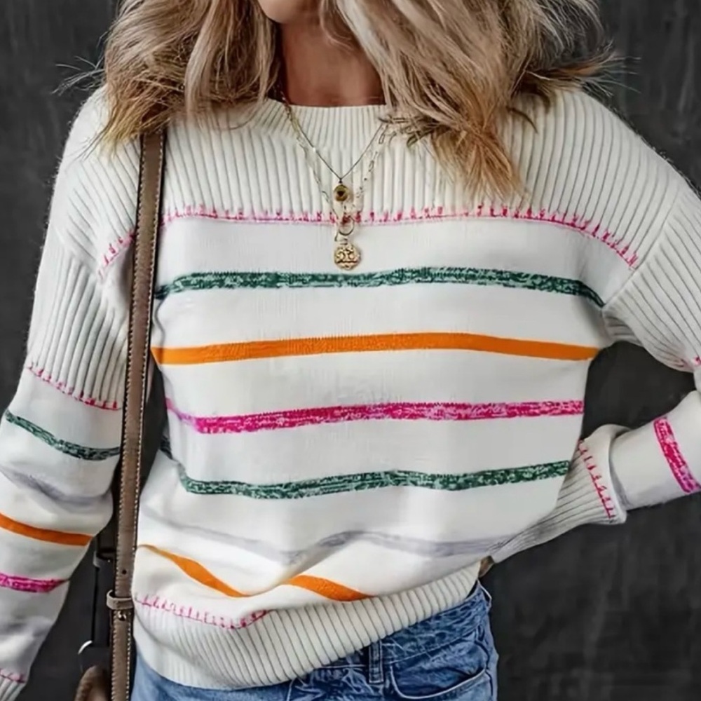 Striped Pullover - Acrylic Knit Fabric Crew Neck Sweater